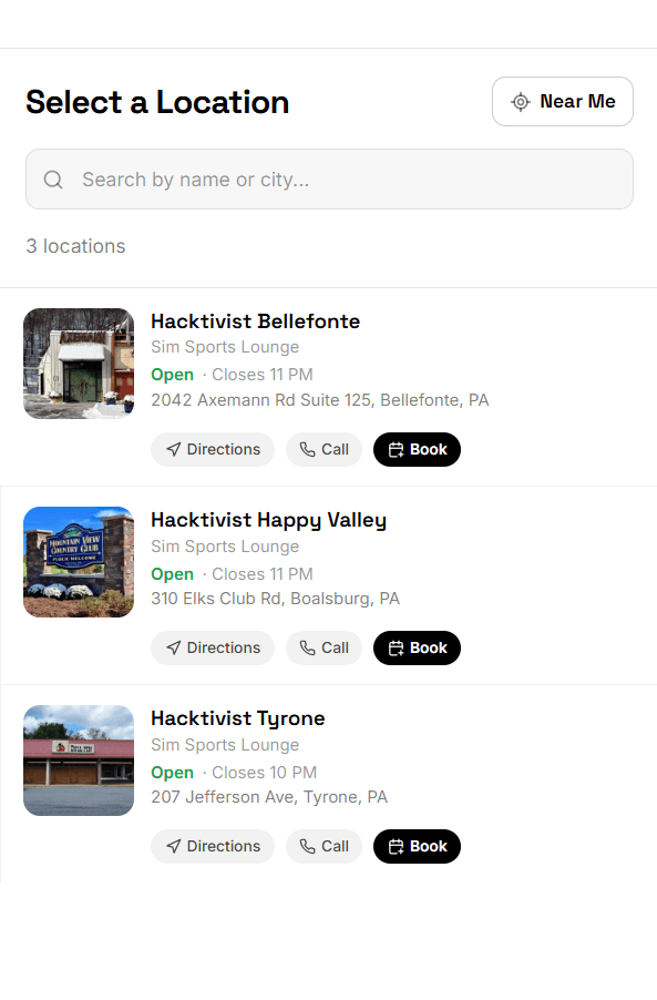 Customer-facing location selector showing three Hacktivist sim sports lounges with Book buttons
