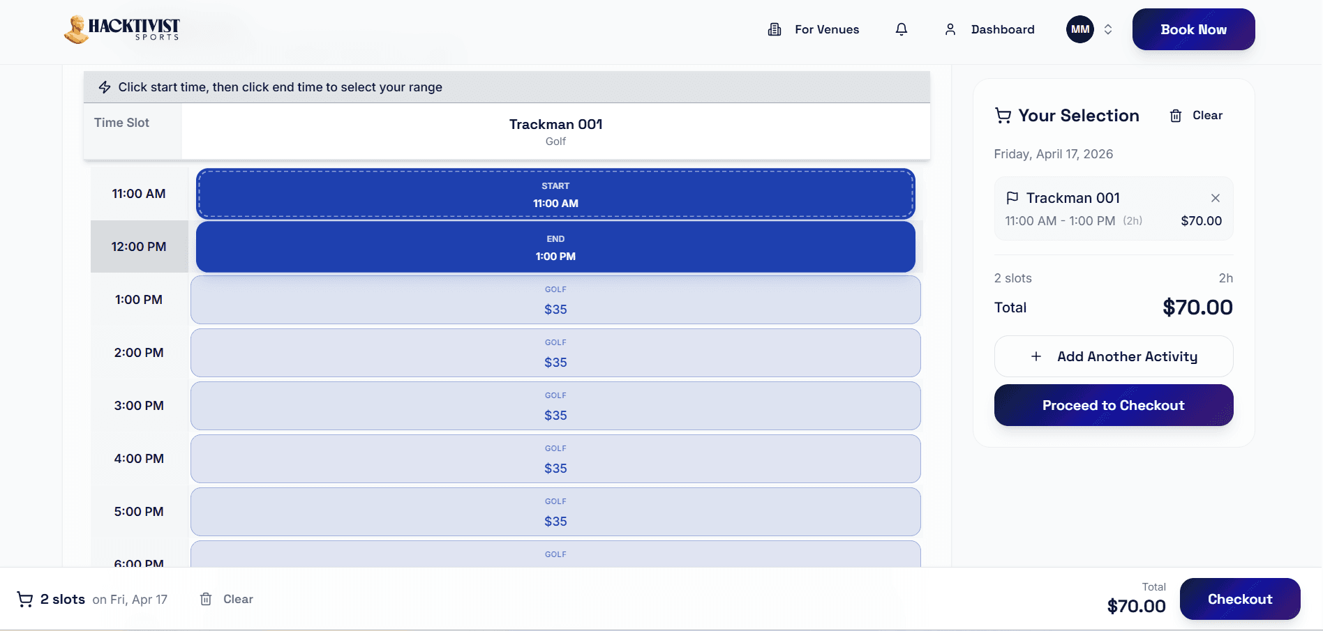 Booking grid with a two-hour selection highlighted and the Your Selection summary panel showing total price