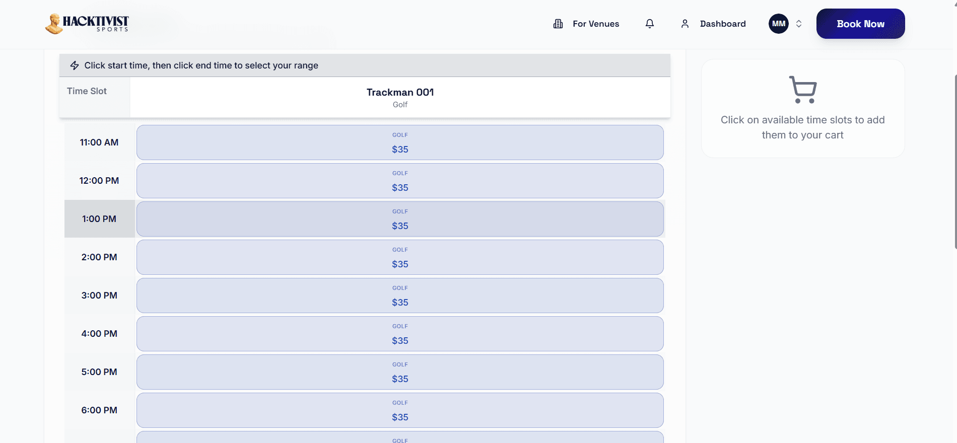 Booking grid showing one-hour time slots from 11am to 7pm on Trackman 001 at $35 each